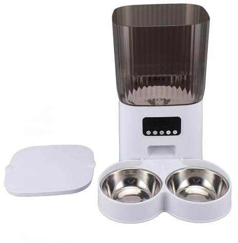 Dog Food Dispenser, Dual Power supply. Capacity 5 liters. Animal feeder. Multi-functional Safety Seal for Indoor Use (Double Bowl Button)