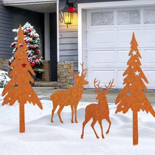 VOPIWOZ Rost Deko Weihnachten, 4 Gartenstecker Weihnachten, Roststecker, Hirsch Deko und Metall Weihnachtsbaum für Weihnachtsdeko Garten