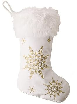 Blausky 1 Stück Weihnachsstrumpf,Flanell Weihnachtssocken,Nikolausstiefel mit Perlen,Schneeflocke Nikolaus Strumpf,zum Befüllen und Aufhängen,Weihnachtsbaum Groß Geschenktüte,Nikolausstrumpf,Gold
