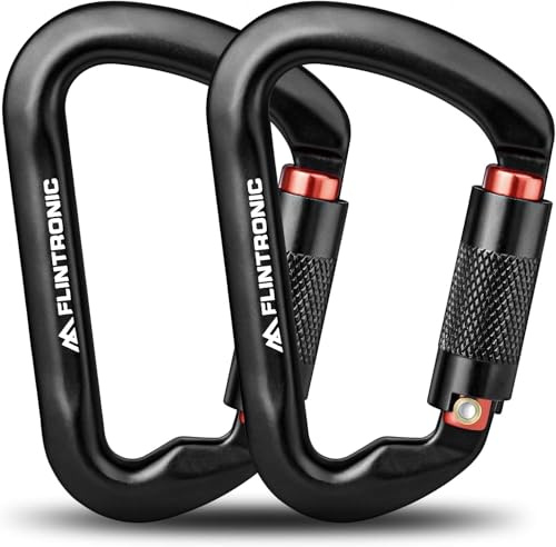 flintronic Karabiner mit Schraubverschluss, 2PCS 30KN Karabinerhaken Schraubverschluss, Karabiner mit 3000kg Belastbarkeit Schwerlast, für Hängematten, Camping, Wandern, Rucksack (Schwarz)