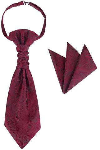 WANYING Herren Vorgebunden Plastron Krawatte & Einstecktuch 2 in 1 Set Verstellbar mit Hakenverschluß Hochzeitskrawatte auf Hochzeiten - Paisley Pattern Bordeaux Rot