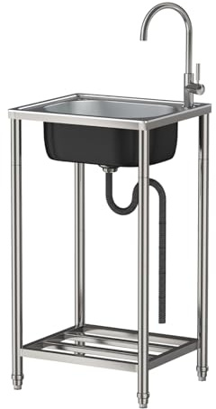 Fristående diskbänk i rostfritt stål, handfat flyttbart enkelhandfat kök med kran handfat trädgård för utomhus bakgård garage camping bondgård 60 cm