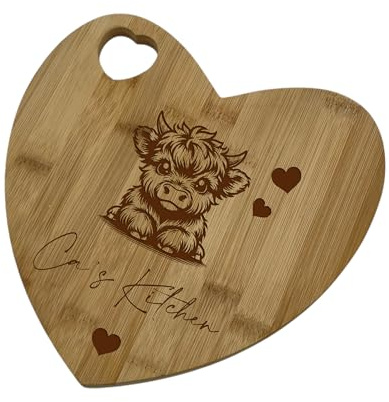 Personalised Heart Bamboo Chopping Board, with Highland Cow