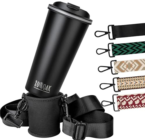 80 Oak Kaffeebecher und Cupholder Set. Becherhalter und Thermobecher zum Umhängen. Getränkehalter aus Neopren mit verstellbaren Schultergurt (Schwarz, Muster Beige)