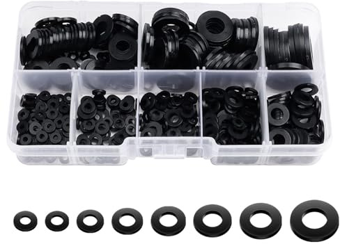 Ginddy Unterlegscheiben,500 Pcs Unterlegscheiben Schwarz Nylon Distanzhülsen 8 Größen Flach Unterlegscheiben mit Antirutschfunktion Fitschenringe Zimmertüren mit M2 M2.5 M3 M4 M5 M6 M8 M10(Schwarz)