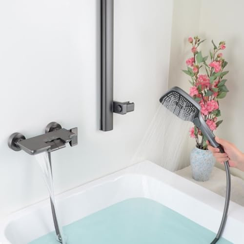 PHASAT Badewannenarmatur Wasserfall mit Handbrause Badewannenarmatur mit verstellbarer Wandstange Mischbatterie Badewanne Wandmontage 3 Modus Duschkopf, Duscharmatur Komplettset, Grau PTBG14E