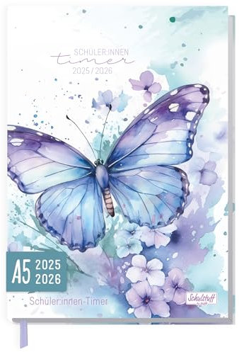 Schulstuff Schüler-Timer 2025/2026 A5 - organisiert durchs neue Schuljahr - Flexocover Schülerkalender, Schülerplaner, Hausaufgabenheft Butterfly - nachhaltig & klimafreundlich