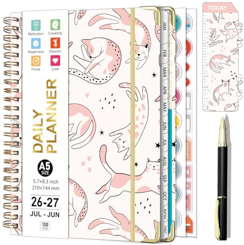 Gumiho Agenda Semainier 2026 2027 Spirale - A5 Agenda Scolaire (Juillet 2026 - Juin 2027) - 12 Mois Planner Avec Stylo,Règle Signet & Autocollants de plan