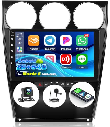 NHOPEEW 2+64G Radio Android 9 Pouces pour Mazda 6 2002-2015 - Wireless CarPlay & Android Auto, Navigation GPS, Contrôle du Volant, FM RDS + Caméra de Recul