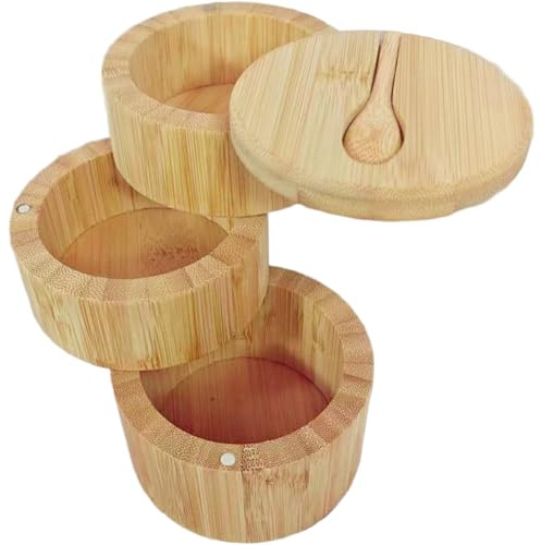 Hperu 3-Tier Salt Cellar with Lid and Spoon, Wooden Salt Container Pepper Containers for Countertop Small Wooden Box for Keeping Herbs Or Seasonings