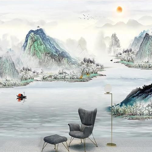 Ink and Wash Mountains River Boat Birds Sun 3D Wallpaper Feature Office Living Room Sofa Bedroom TV Background Wall Decoration-430cm×300cm
