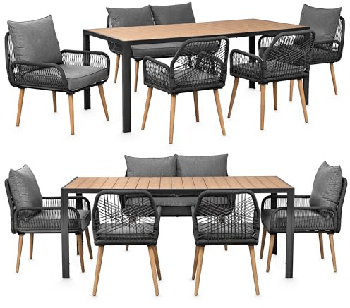 Swing&Harmonie® Gartenmöbel Lounge-Set „Sienna“ – Sitzgruppe mit Tisch, Sofa, Sesseln & Stühlen – wetterfest – Seilgeflecht – WPC-Tischplatte – Outdoor Essgruppe (anthrazit/Holz, 6 Personen XL)