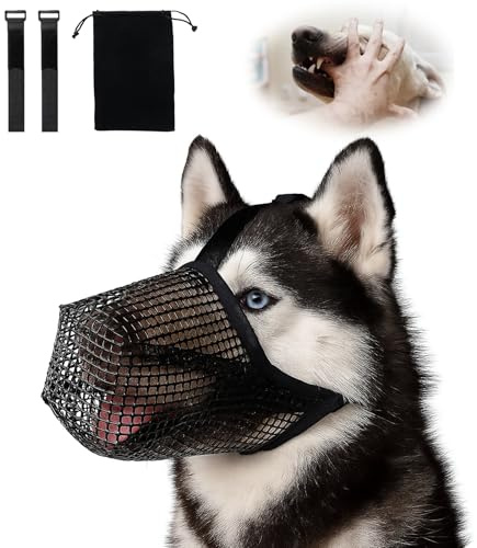 UBERMing Munkorg för hundar som andas, mjuk munkorg i nät ätskydd för hund, hundmunkorg justerbar med 2 kardborreband, 1 förvaringsväska för medelstora och stora hundar (M, svart)