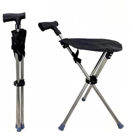 EVIYI Walking stick with seat,Foldable Crutch Seat with Telescopic Height Adjustment, Quick-Release Design (Black)