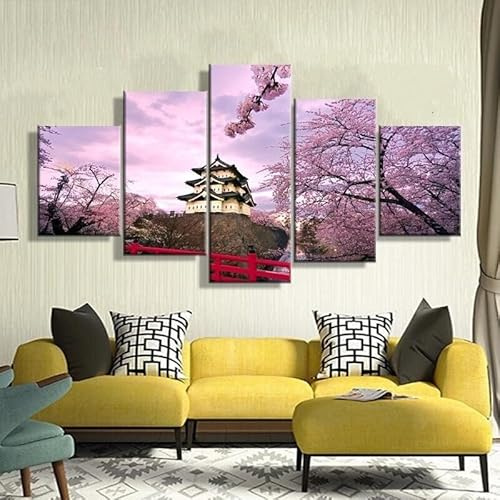 RAPSANI 5 piezas de lienzo de arte de pared,5 piezas lienzo Flores de cerezo del templo de Japón,Cuadros Decoracion Salon 5 Piezas Cuadro Moderno XXL,5 Piezas Cuadro sobre Lienzo 100x55cm