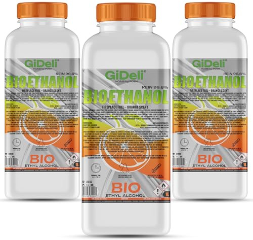 GiDeli bioéthanol 3 x 1 l Orange 96,6 % Ethanol pour cheminées d’intérieur et d’extérieur Sans fumée ni suie - À base de maïs et de betteraves à sucre