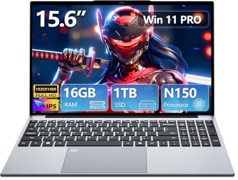 15,6 Inch Ordenador Portátil 13.ª Gen N150,16GB DDR4 SSD 1TB, Win 11 PC Portátil Pantalla 1920 x 1080P, Laptop Teclado Retroiluminado, Desbloqueo Huellas Dactilares, WiFI5, Webcam, USB3.0, HDMI
