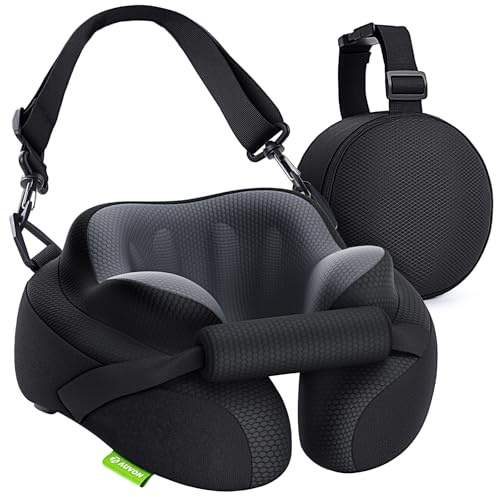 AUVON Travel Neck Pillow with Chin-Support Design & Straps to Airplane Seat, Stabilize Head for Relaxing Sleeping Rest, Ear-Friendly Memory Foam Neck Pillow for Travel, Breathable Cool Fabric
