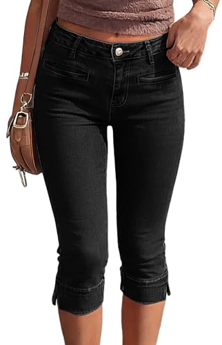 Fengbay Capri jeans dam stretch skinny låg midja 3/4 jeans slits på fållen capribyxor casual sommar 3/4 byxor, svart, M