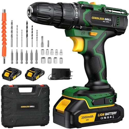 21V Trapano Avvitatore Batteria, Avvitatore a Batteria, con 2 * 2000mAh, Batterie Trapano Avvitatore Batteria Brushless, Max 32Nm, 35+1 Impostazione Coppia, LED Luce, 2 Velocita
