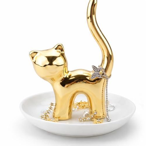WESTCRAFT Ringhalter Schale Ablage Organizer für Ringe und Schmuck | Schmuckhalter Schmucktablett Ringständer für Ringe, Ketten, Armbänder (Gatto gold (Katze))