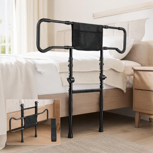 Barre d'appui lit pour seniors, Barrière lit pliable à 180° pour adultes | Barre d'appui lit réglable en hauteur et en largeur avec pochette de rangement pour tous types de lits