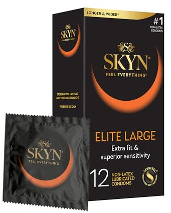 SKYN Elite Large Non-Latex Lubricated Condoms, 12 Count, Comfortable and Smooth Lubricated Condoms, Triple Tested (Pack of 1)