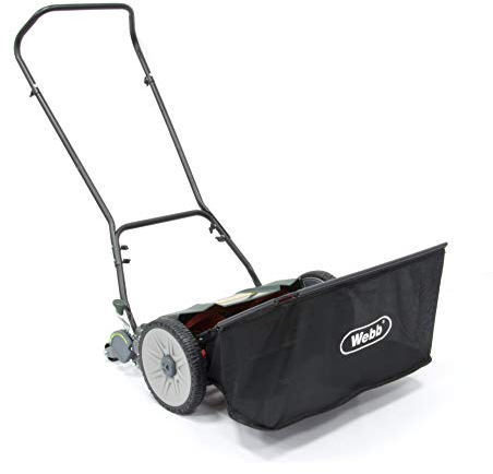 Webb WEH18 Contact Free Manual Cylinder Lawnmower with Rear Roller, 9 Cutting Heights, 46cm Cutting Width and 22L Collection Bag - 3 Year Guarantee