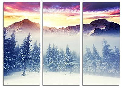 Paul Sinus Art 130x90cm – Keilrahmenbild Traumlandschaft Winter Berge dramatische Wolken 3teiliges Wandbild auf Leinwand und Keilrahmen - Fotobild Kunstdruck Artprint