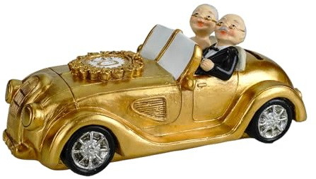 Kremers Schatzkiste XXL Spardose Goldhochzeit 50 Jahre Gold-Paar im Oldtimer 21cm - Handbemalte Polyresin Spardose - Geldgeschenk zur Goldenen - Hochzeit Jubiläums-Deko