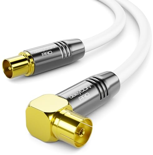 deleyCON 20m 4K TV Antennenkabel Koaxialkabel 90° IEC - Weiß | 4K Ultra-HD Full HD HDTV, 1x gewinkelt, IEC-Stecker gerade zu IEC-Buchse 90°, Metallstecker