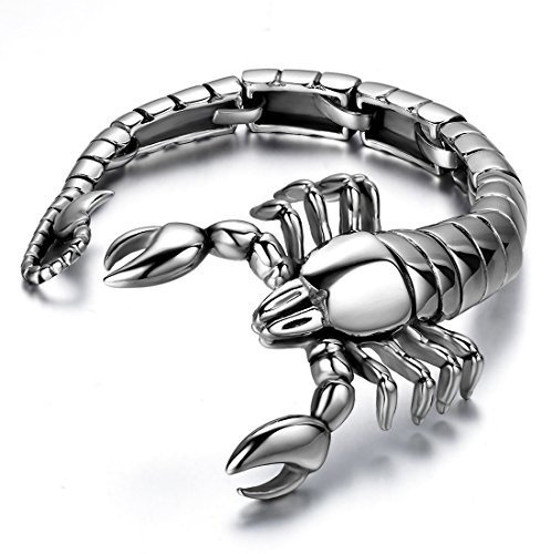 JewelryWe Schmuck Edelstahl Herren Armband, Biker Poliert Skopion Große Schwere Armkette, Partnerarmband Armreif Silber Länge 23cm
