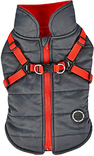 Puppia Hochwertiger Hundemantel für kleine Hunde und mittelgroße Hunde - wasserdicht und mit Fleece gefüttert für angenehme Wärme - Hundemantel mit Geschirr, Grau, XXL, PAPD-VT1366-GY-XXL