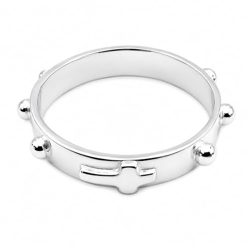 Gioielli Aurum -Anello Rosario in Argento 925, Fedina Preghiera con Croce e Grani, Fede Religiosa Unisex Uomo Donna - Misura 23