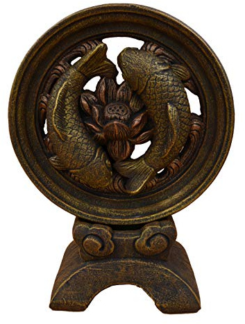gartendekoparadies.de Massive Koi Fisch Skulptur Yin Yang, Steinfigur, Höhe 54 cm, Ø 39 cm, 2-teilig, 18 kg, aus Steinguss frostsicher für Außenbereich (Gold)