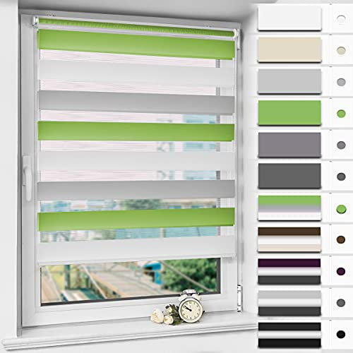 Magiea Doppelrollo Klemmfix ohne Bohren & mit Bohren, Grün-grau-weiß B40 x H130 cm Stoffbreite 36 cm, Klemmrollo lichtdurchlässig und Blickdicht, Fensterrollo Sonnenschutzrollo für Fenster