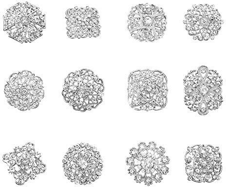 PandaHall 12 Stk. Klare Strass Crystal Flower Broschen Pins für Hochzeit Bouquet Broaches Kit Frauen Kleid Dekorationen, Silber