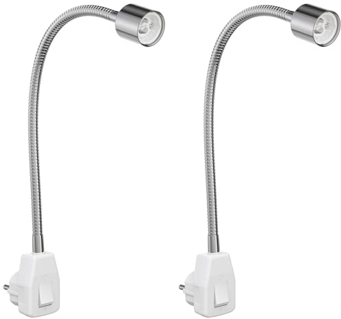 ledscom.de 2 Stück Steckdosenleuchte/Leselampe LESCH, Schwanenhals, chrom/weiß, 1x GU10 max. 10W