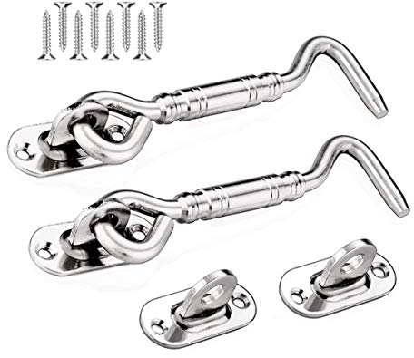 BuxiuGK 2 Stück Vintage Sturmhaken 4 Zoll Schwer Kabinenhaken Edelstahl Antiker mit 8 Stücke Montage Schrauben für Türen Garagentor Fenster,Silber
