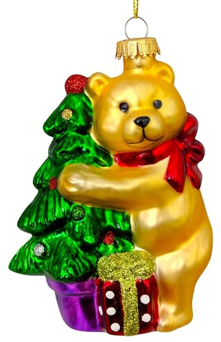 Krebs Glas Lauscha - Weihnachtsdekoration/Christbaumschmuck aus Glas - Weihnachtsanhänger - Motiv: Weihnachtsbaum mit Bär - Größe: ca. 10 cm