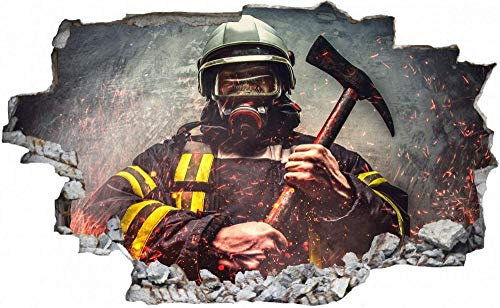 Sticker mural amovible en vinyle Motif ouverture dans le mur Effet 3D autocollant Salon Chambre mur perforé - Pompiers hache pompier 60x90cm