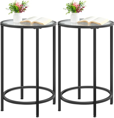 Yaheetech Black Glass End Table Set of 2, Round Side Table Modern Style Tall End Table Accent Table with Glass Top & Metal Frame, 2pcs Glass Side Table for Living Room, Balcony, Bedroom