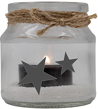 WB wohn trends Trauer-Windlicht Glas mit Teelicht und Sand, 2 Sterne, 8x7cm Trauer-Licht mit Trauer-Kerze Gedenk-Kerze schwarz