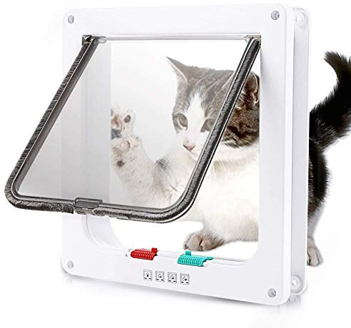 Cyrank Innere & äußere Katzentür, 4-Wege-Verriegelung dünne Katzenklappe Tür für Fenster, Wand, Glasschiebetür, 20 x 19 x 5,5cm