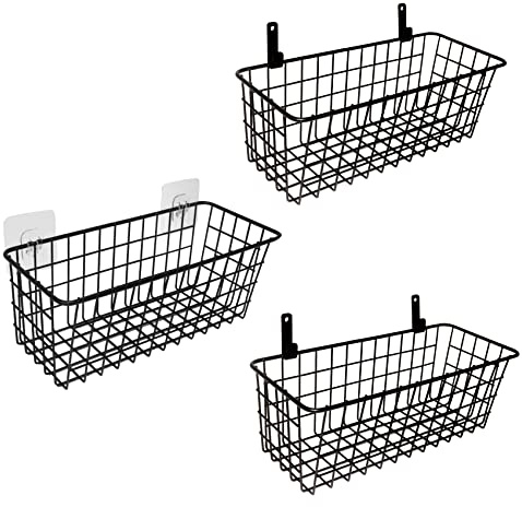 Joben Oligey 3 Set Hanging Wire Baskets ,Wall Mount Fruit Basket,No Drilling,Adhesive Small Metal Basket,Farmhouse Food Storage Mesh Bin Kitchen Pantry Laundry Bathroom Closet Garage RV ,Black