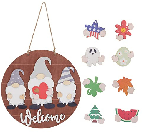 BuyWeek Panneau de Bienvenue pour Porte d'entrée, Panneau à Suspendre en Bois DIY GNOME Panneau de Porte avec décors interchangeables pour Le Jour de l'indépendance, Noël, Halloween