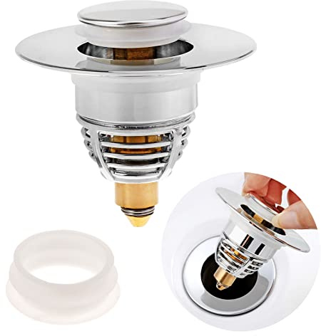 Handfat pluggar ersättning universell pop up rostfritt stål handfat avlopp tryck typ badrum handfat plugg handfat plugg inget överflöde filter med hårfångare med tätningar för inre diameter 33-39 mm
