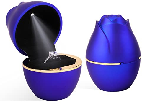 Rolin Roly Scatola per Anelli a Forma di Rosa Ring Box con Luce LED Confezione Regalo Blu Reale per Anello per Matrimonio San Valentino Fidanzamento