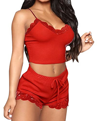 KOEMCY Pigiama Donna Corti Camicie da Notte Pizzo Cami Top Pantaloncini Set Sexy Scollo a V Indumenti da Notte Crop Top Casual Sleepwear Lingerie
