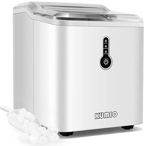 KUMIO Machine à Glaçons avec Réservoir de 1.5L, 12kg en 24h, 9 Glaçons épais Prêts en 6-9 Minutes, Machine a Glacons pour la Maison, le Bureau et les Fêtes, Pelle à Glace et Panier, Blanc